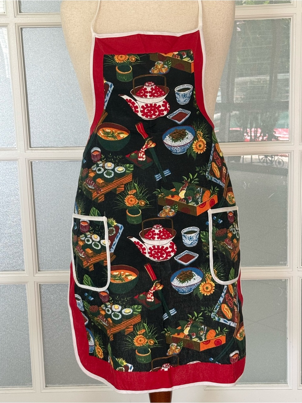 Asian Tea & Sushi Print Kitchen Apron Black Red 2 Pocket Cooking Baking